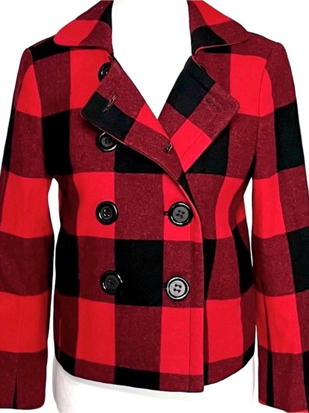 J. Crew Factory Buffalo Plaid Cropped Pea Coat Red Black 2